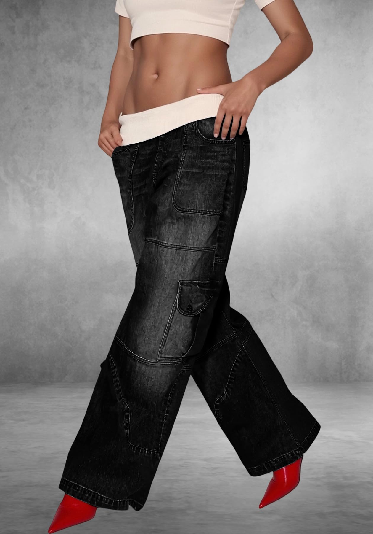 Unybwonn Women Baggy Cargo Jeans High Waist Patchwork Trendy Vintage Denim Pants Wide Leg Distressed Jeans with Pockets