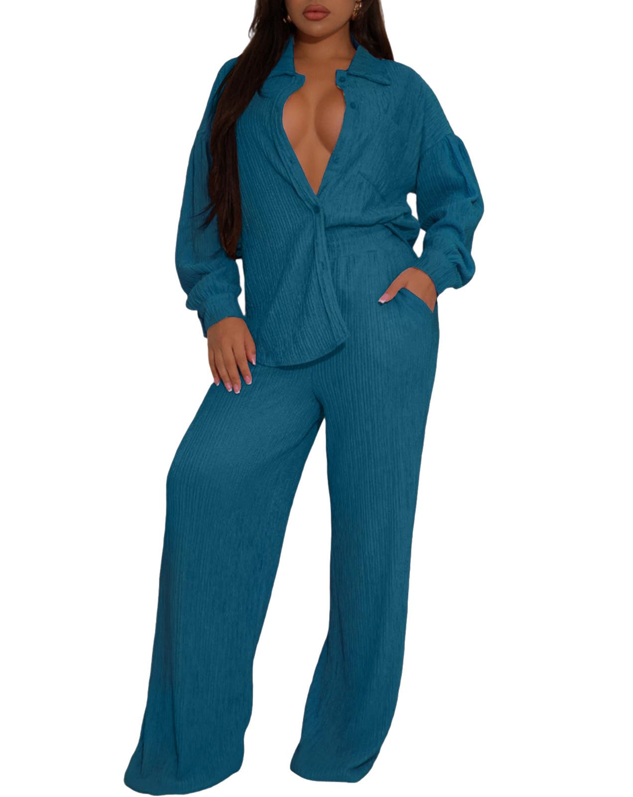 Ophestin Women 2 Piece Dressy Outfits Casual Pleated Long Sleeve Button Down Shirt Wide Leg Pants Loungewear Matching Sets