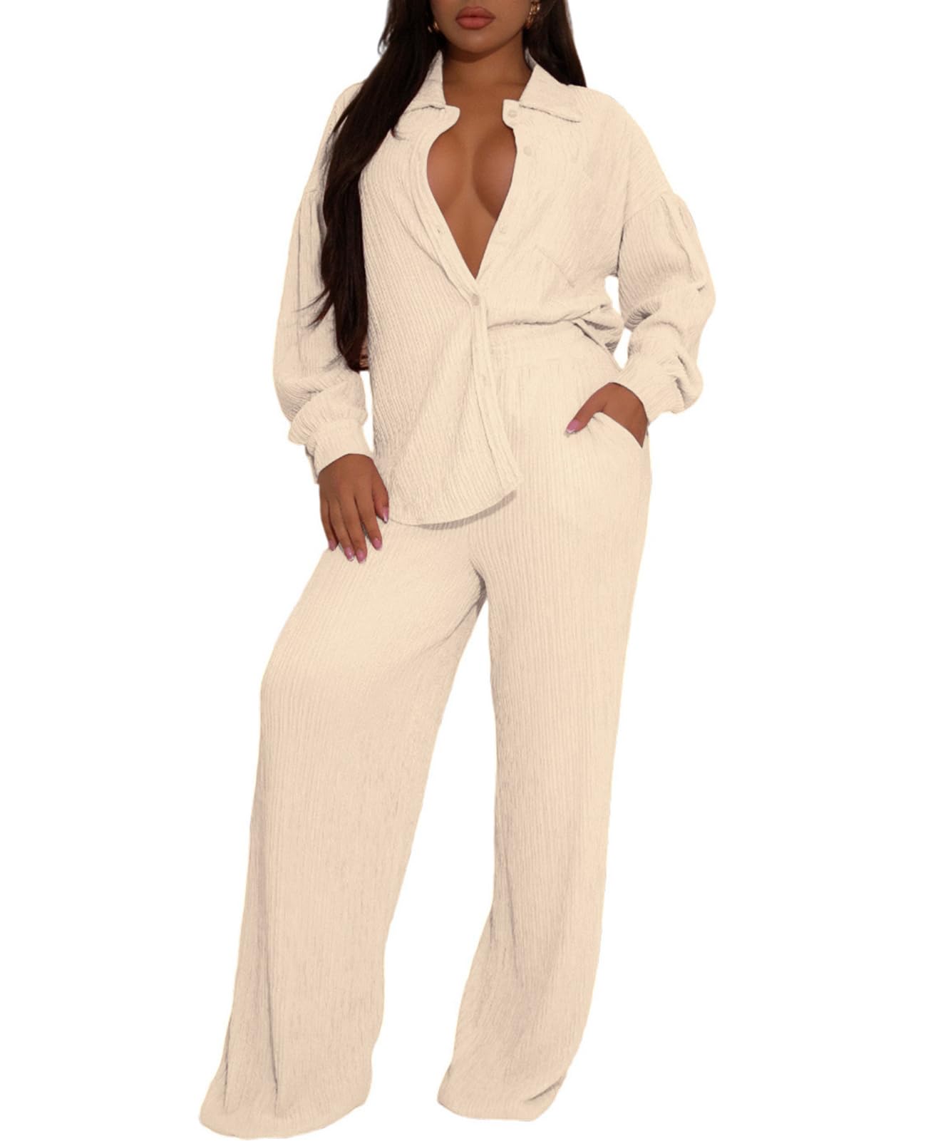 Ophestin Women 2 Piece Dressy Outfits Casual Pleated Long Sleeve Button Down Shirt Wide Leg Pants Loungewear Matching Sets