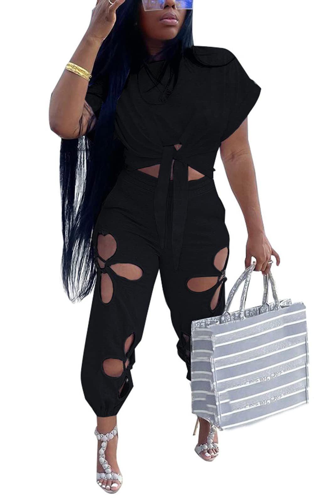KEYUFANG Women 2 Piece Outfits Set Casual Crop Top Shirt Hollowed Out Sweatpants Women Fashion Tracksuit