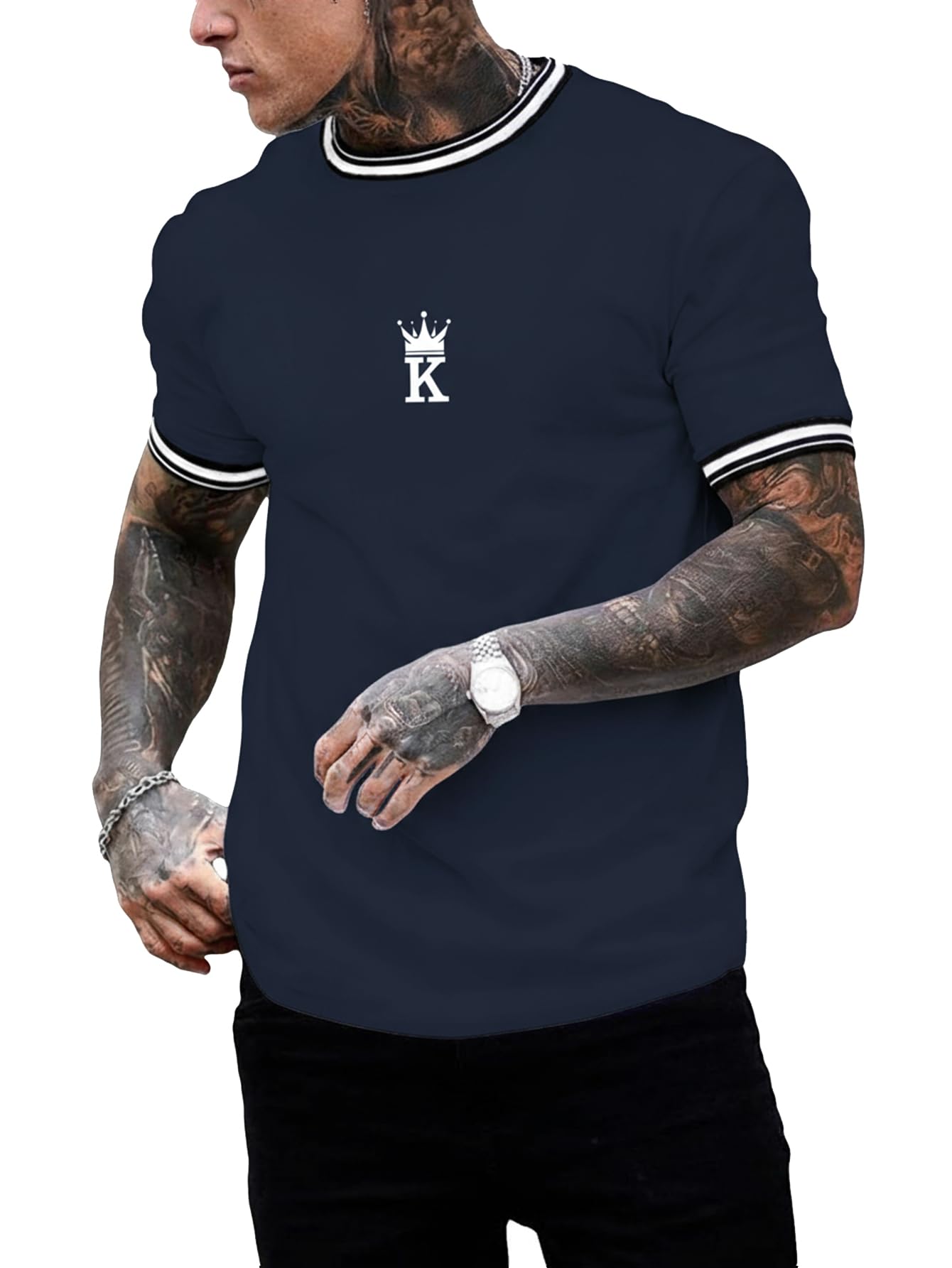 SOLY HUX Men's Crown Letter Print Striped Trim Tee Tops Short Sleeve Crew Neck Summer T Shirt