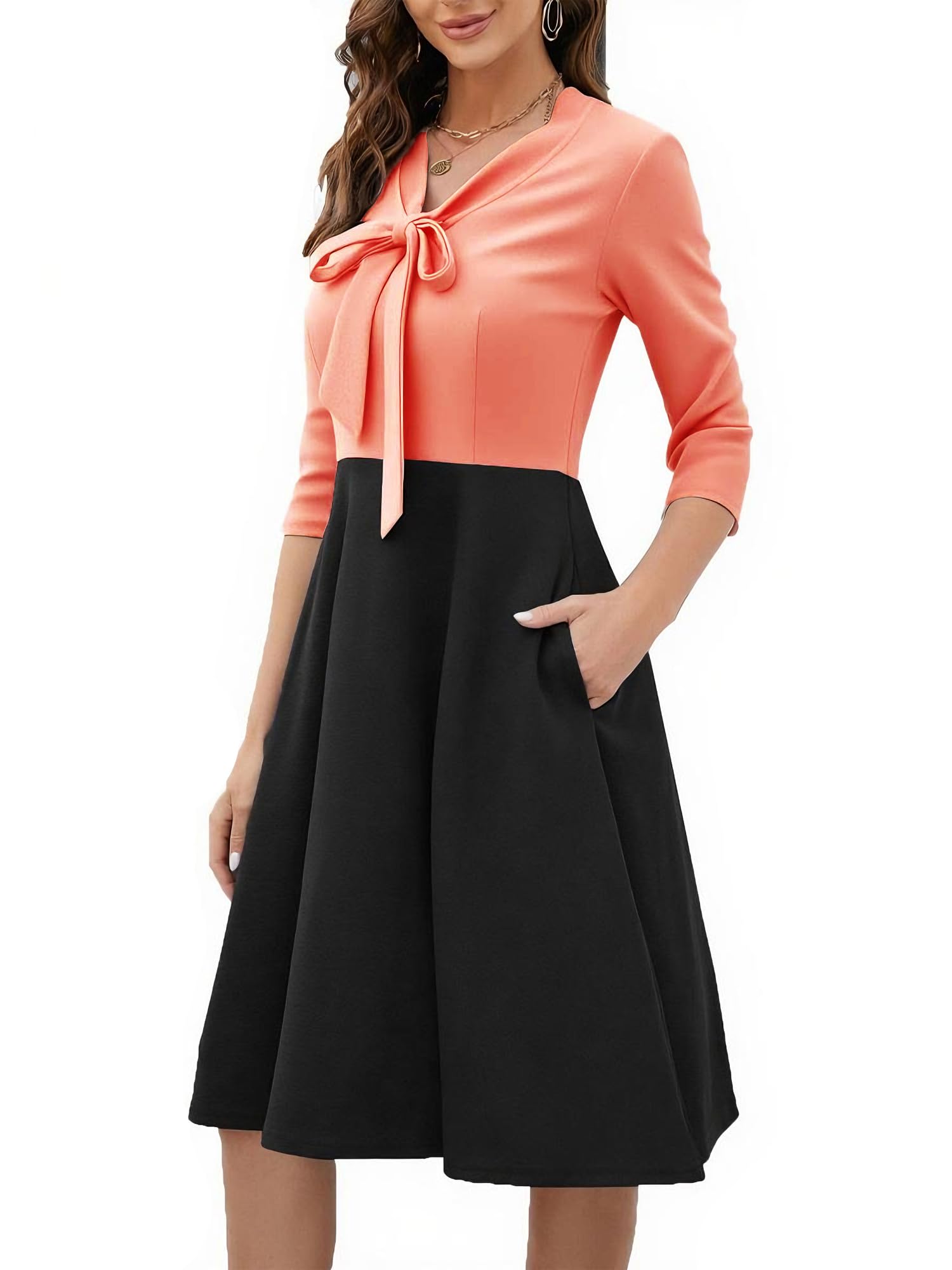oxiuly Women's Vintage Bow Tie V-Neck Pockets Casual Work Party Cocktail Swing A-line Dresses OX278