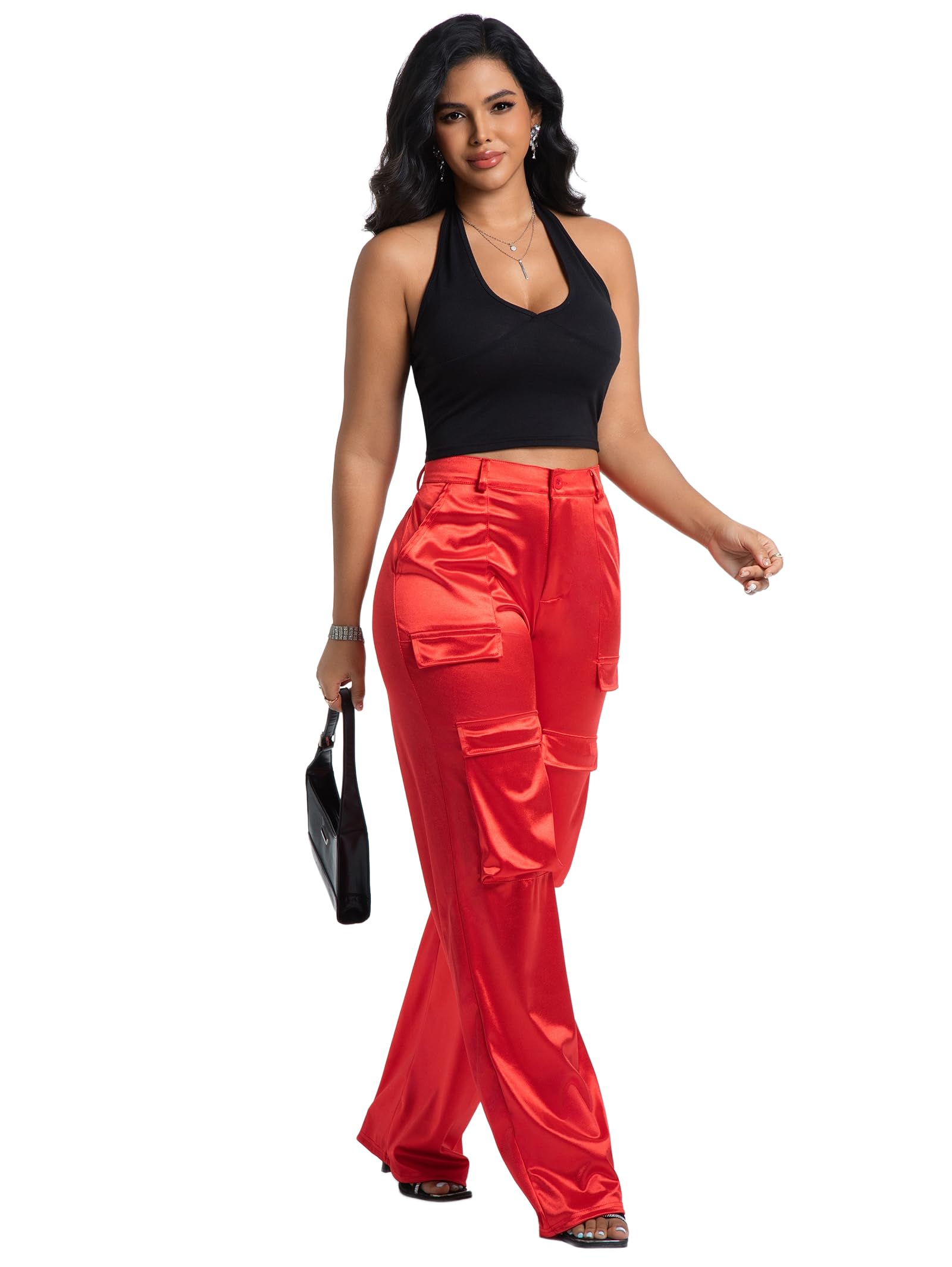 Aressdom Metallic Satin Cargo Pants for Women High Waisted Wide Leg Pants with Pockets, Dressy Going Out Concert Outfits