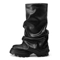 VOMIRA Women's Fold Over Boots Slouchy Boots Wide Calf Pleated Platform Boots Glitter Metallic Silver Boots Chunky Stacked Boots Mid Calf Boots