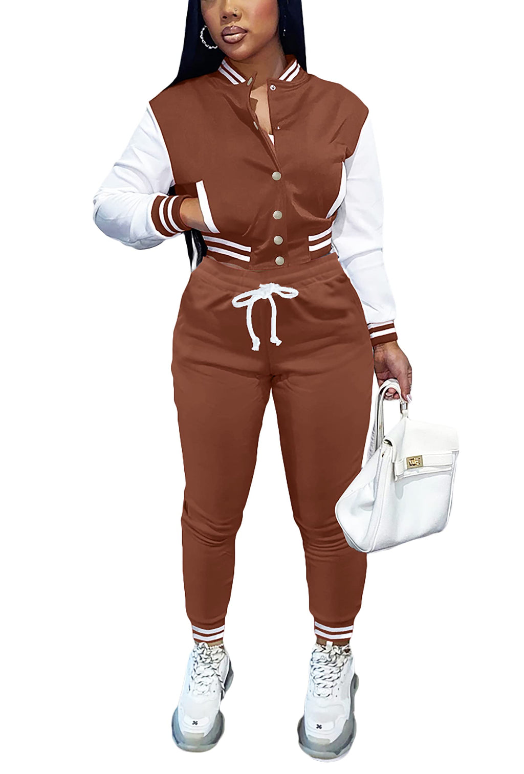 Fooullaide Women's Varsity Jacket Sweatsuit 2 Piece Tracksuit Crop Top Button Down Letterman Jackets Pants Sets