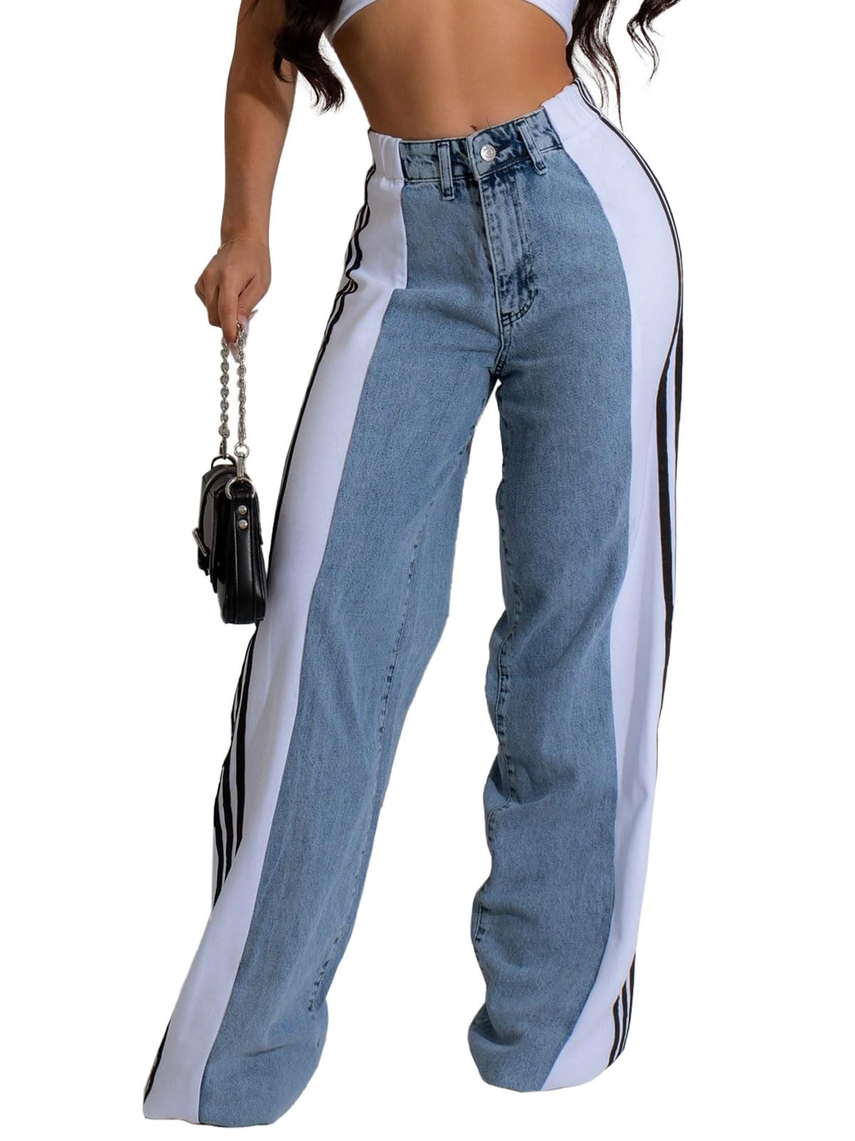 Angsuttc Womens Jeans with Patchwork Stripes High Waisted Stretchy Denim Color Block Straight Wide Leg Trendy Jean