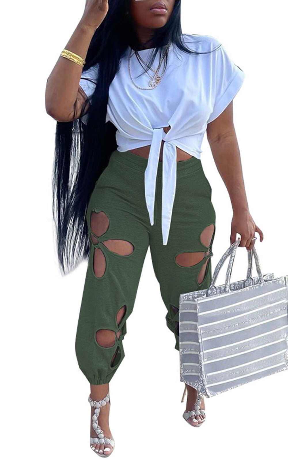KEYUFANG Women 2 Piece Outfits Set Casual Crop Top Shirt Hollowed Out Sweatpants Women Fashion Tracksuit