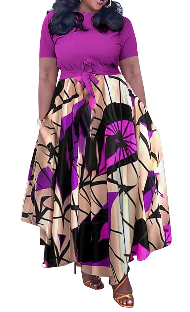 BFFBABY Plus Size Dress A Line Dresses for Women Summer Long Dresses with Sleeve Casual Belted