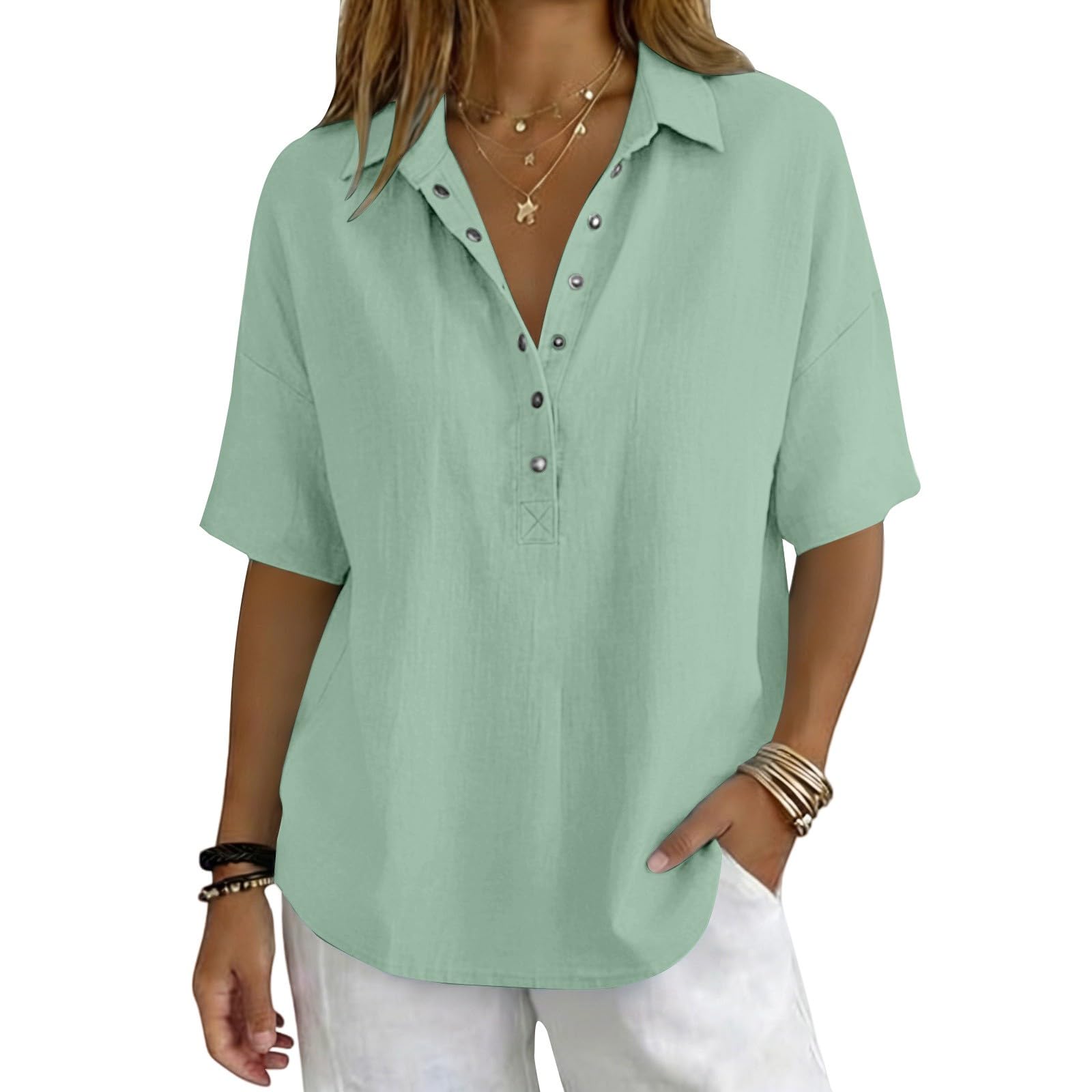 Linen Tops for Women Breathable Gauze Shirts Cotton Button Down Summer Elbow Length Blouses Dressy Casual Clothes