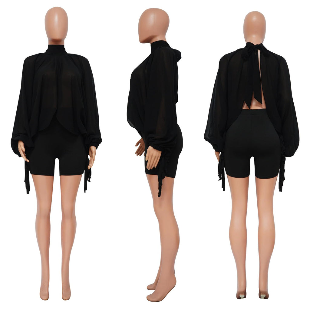 Ophestin Womens Print Sexy Open Back Sheer Chiffon Balloon Sleeve Shirt Blouse Tops Coverup