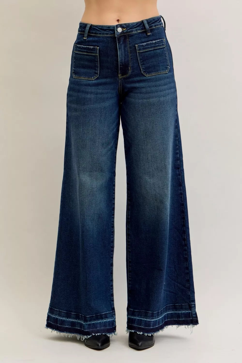 Judy Blue High Waist Palazzo Jeans With Front Patch Pockets Flattering Stretchy Denim For Women