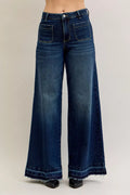Judy Blue High Waist Palazzo Jeans With Front Patch Pockets Flattering Stretchy Denim For Women
