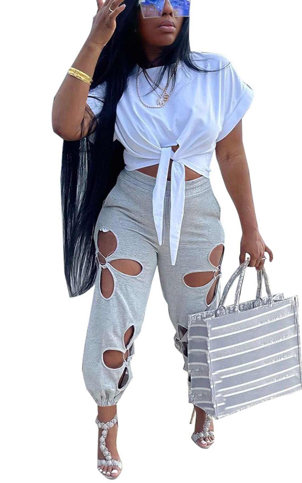 KEYUFANG Women 2 Piece Outfits Set Casual Crop Top Shirt Hollowed Out Sweatpants Women Fashion Tracksuit