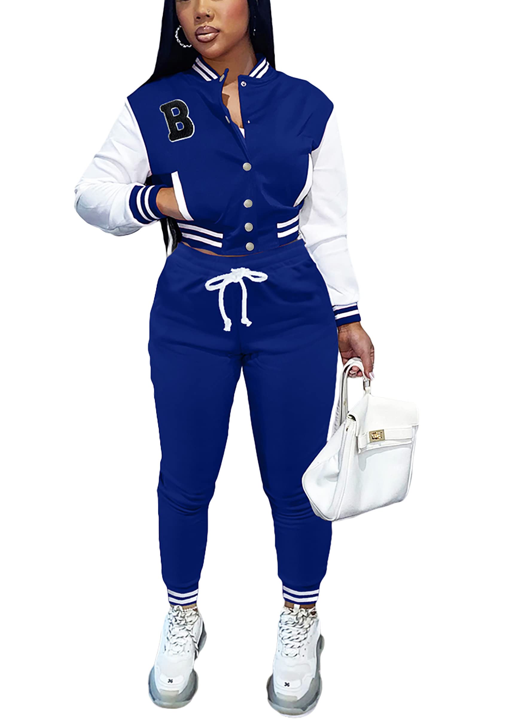 Fooullaide Women's Varsity Jacket Sweatsuit 2 Piece Tracksuit Crop Top Button Down Letterman Jackets Pants Sets