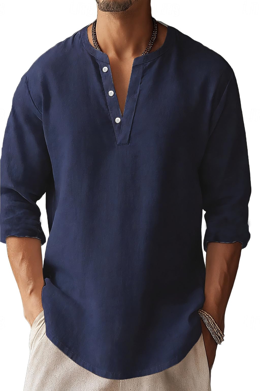 Mens Henley Shirts Summer Casual Button Banded Collar T Shirts Vintage Long Sleeve Cotton Linen Beach Pullover Tops