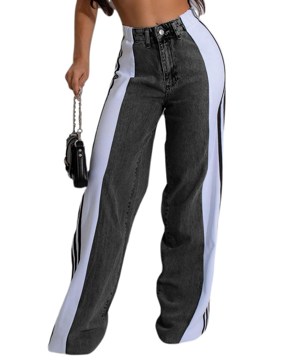 knowfashionstyle Womens Jeans High Waisted Wide Leg Patchwork Stripes Stretchy Jean Color Block Straight Trendy Demin Pants