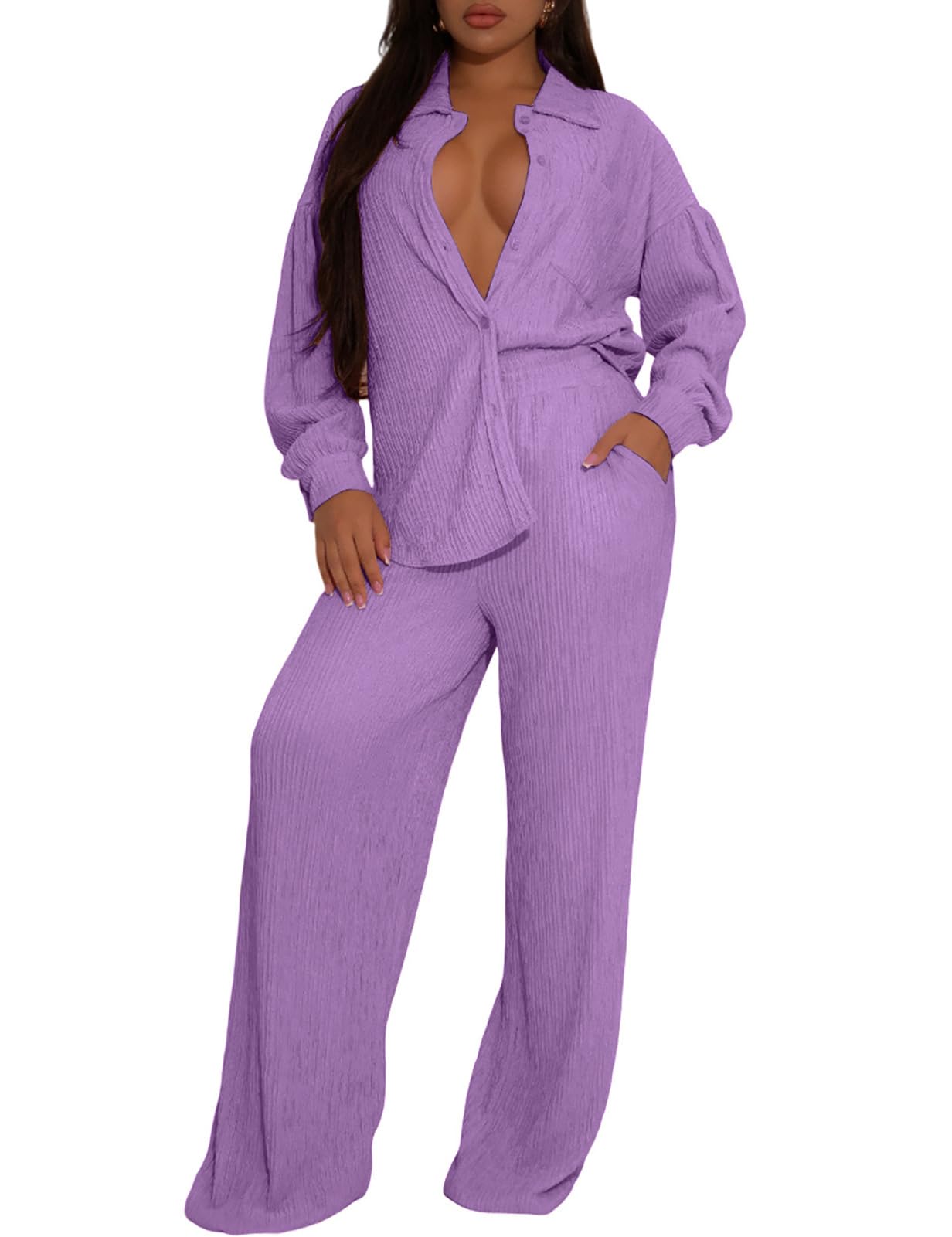 Ophestin Women 2 Piece Dressy Outfits Casual Pleated Long Sleeve Button Down Shirt Wide Leg Pants Loungewear Matching Sets