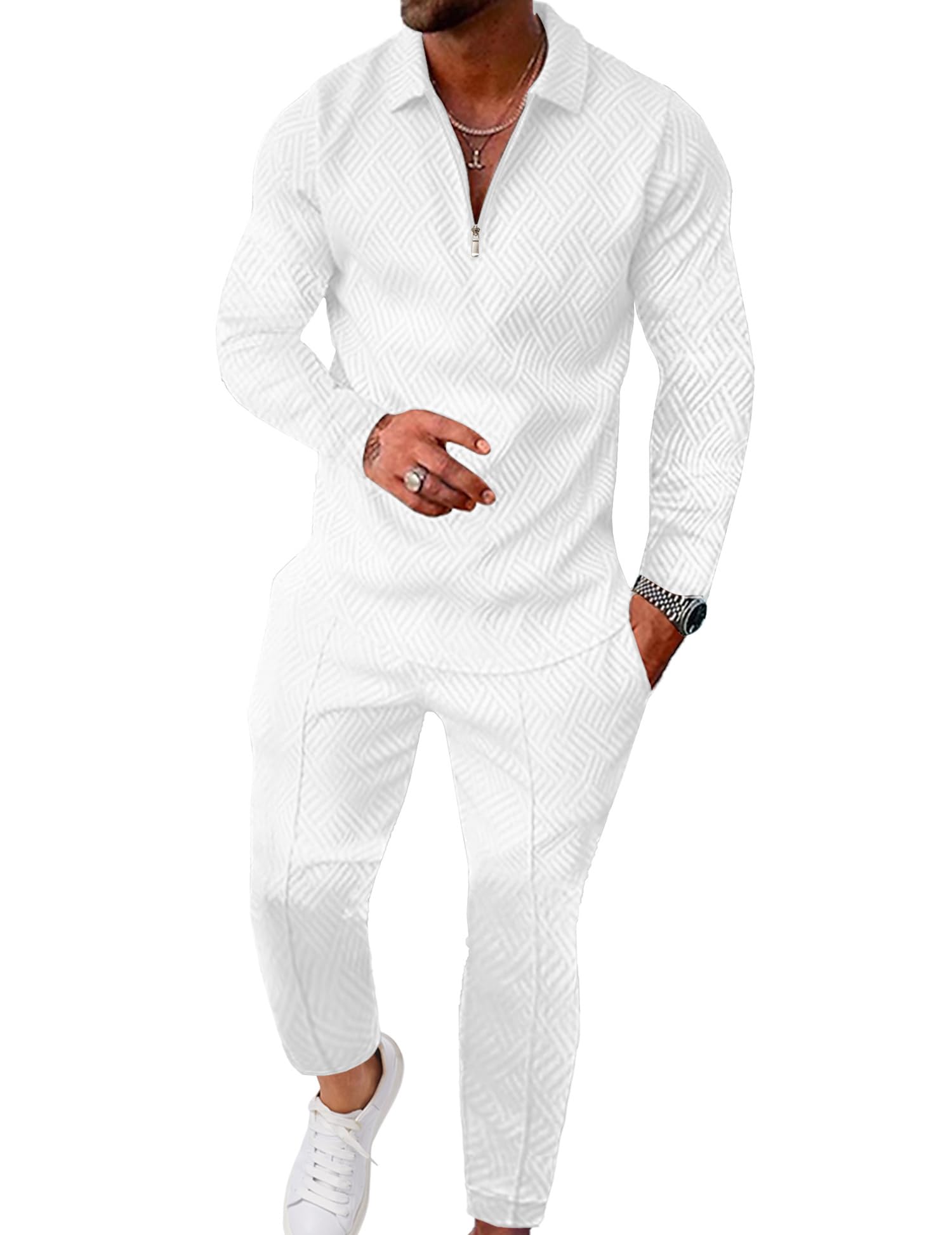 UOUA Mens 2 Piece Set Casual Outfits Polo Long Sleeve Shirt & Pants Tracksuit Loungewear Athletic Jogger Sweatsuit