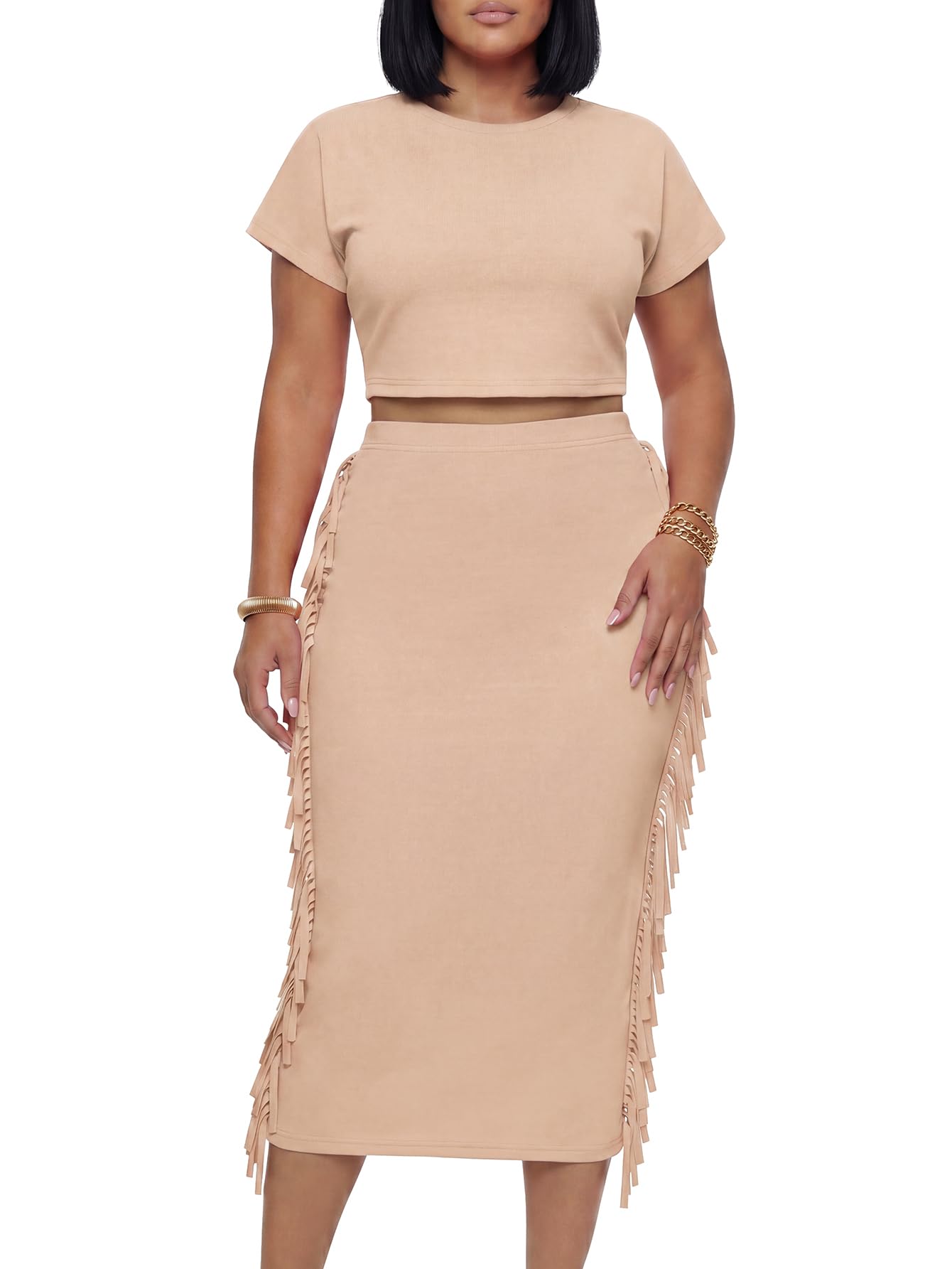 LYANER Women's 2 Piece Outfits Crew Neck Fringe Short Sleeve Crop Top and Tassel Trim Bodycon Midi Skirt Set