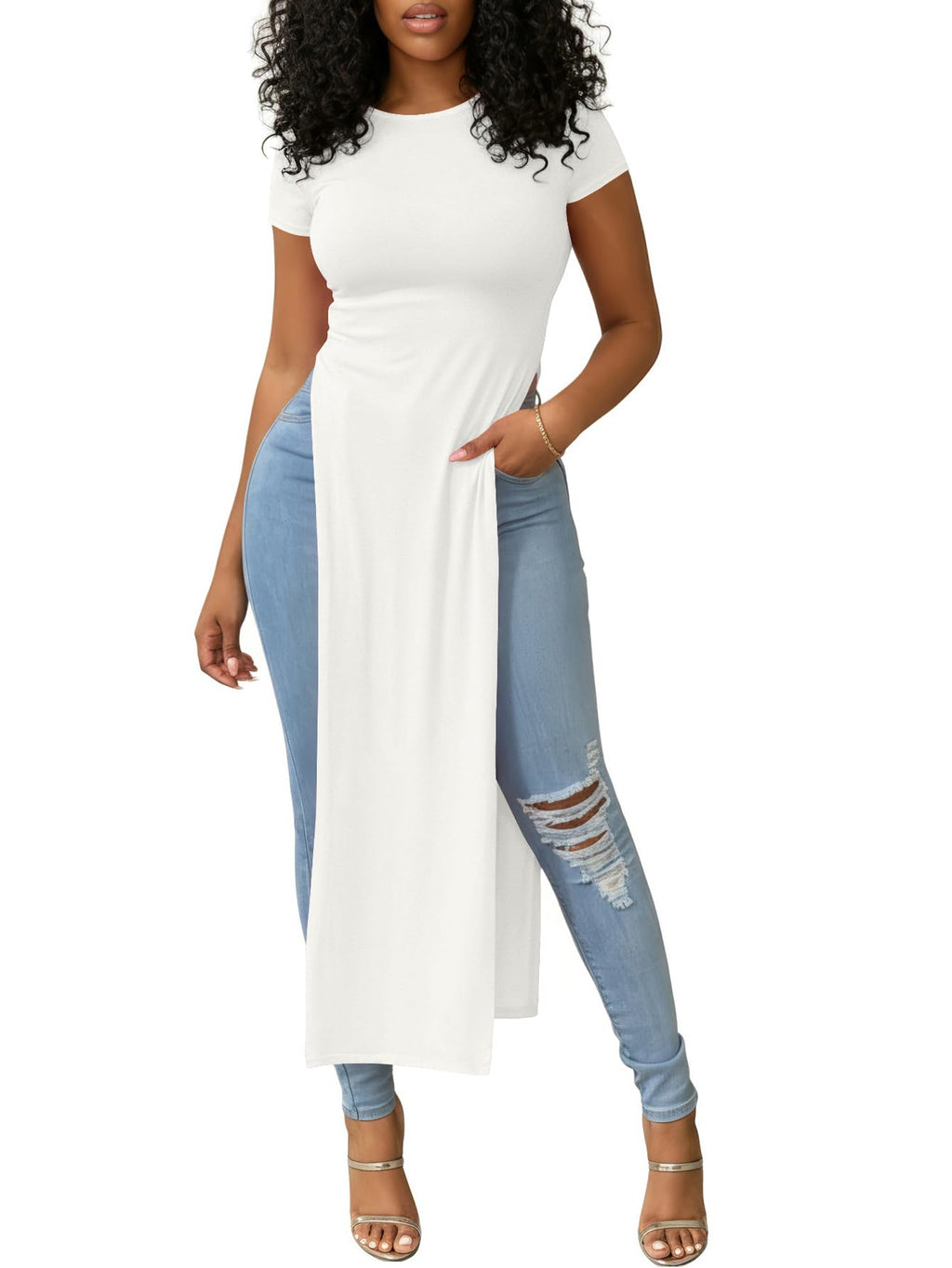 OPOIPIN Women's Crew Neck Split Slit Hem Short Sleeve Slim Fit Tee Top Long Shirt Tunic