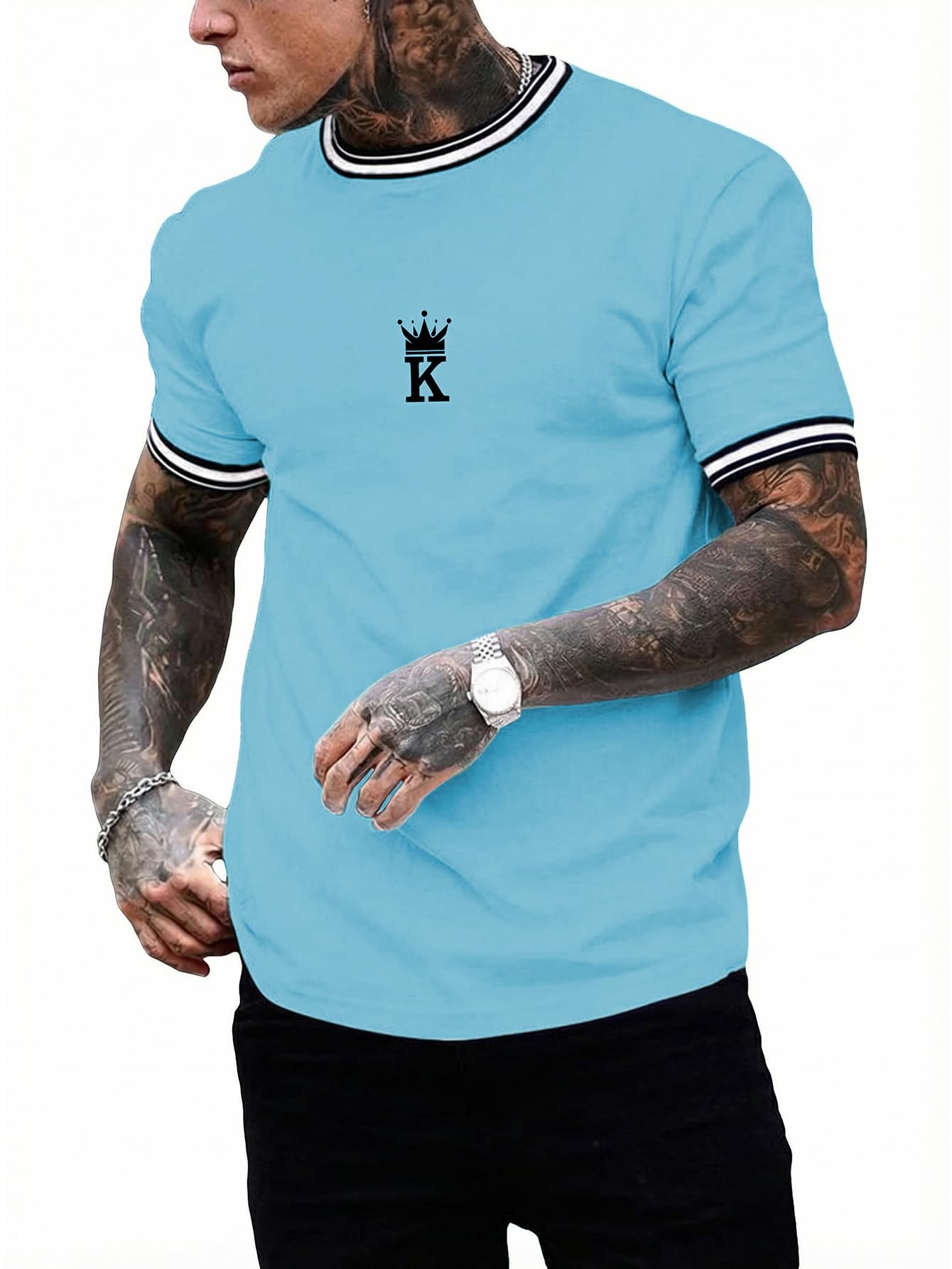 SOLY HUX Men's Crown Letter Print Striped Trim Tee Tops Short Sleeve Crew Neck Summer T Shirt