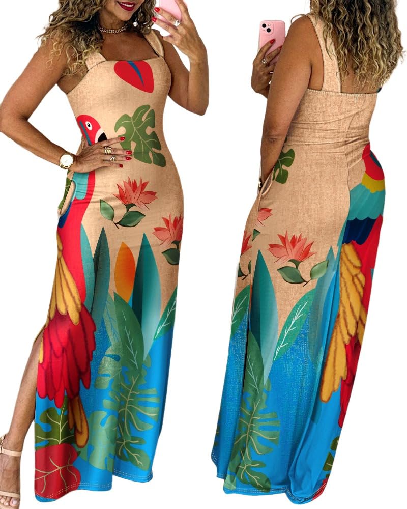 CHICME Women's Summer Maxi Dress Casual Thick Strap Square Neck Boho Sundress Split Vacation Dresses with Pockets