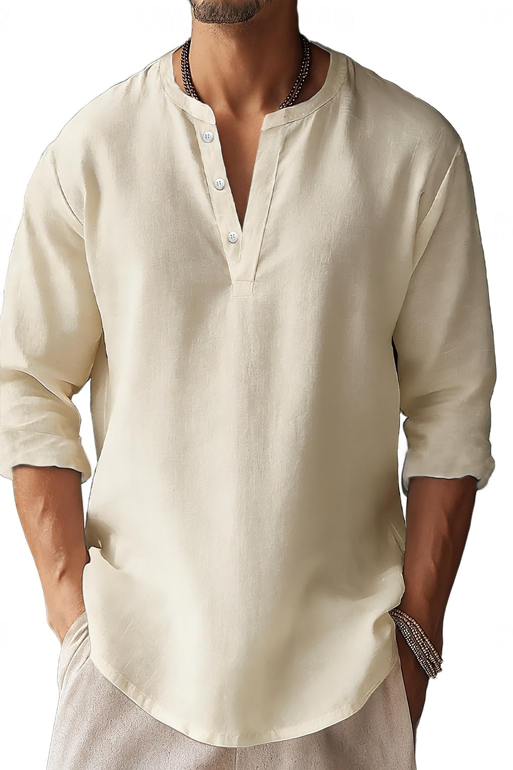 Mens Henley Shirts Summer Casual Button Banded Collar T Shirts Vintage Long Sleeve Cotton Linen Beach Pullover Tops