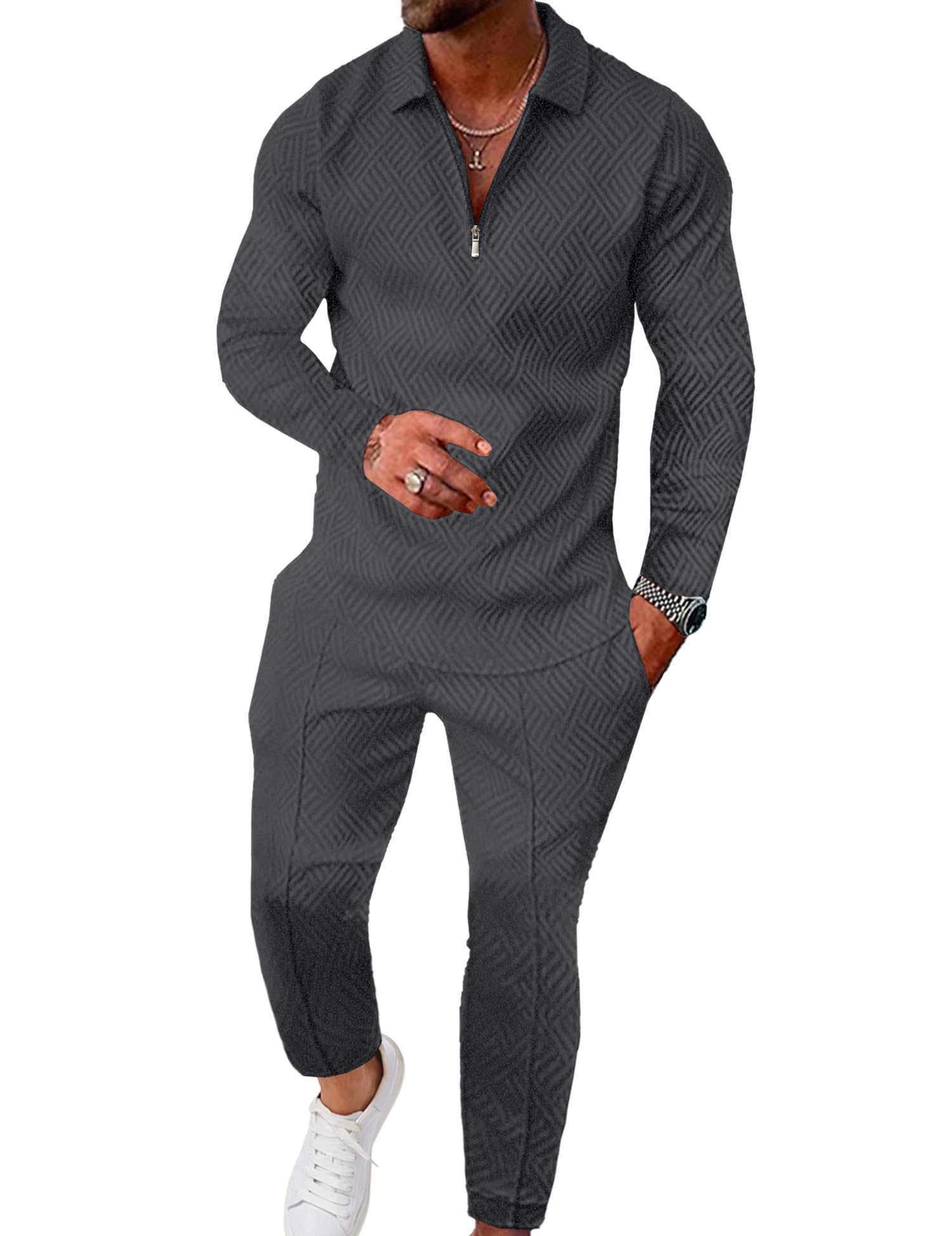 UOUA Mens 2 Piece Set Casual Outfits Polo Long Sleeve Shirt & Pants Tracksuit Loungewear Athletic Jogger Sweatsuit