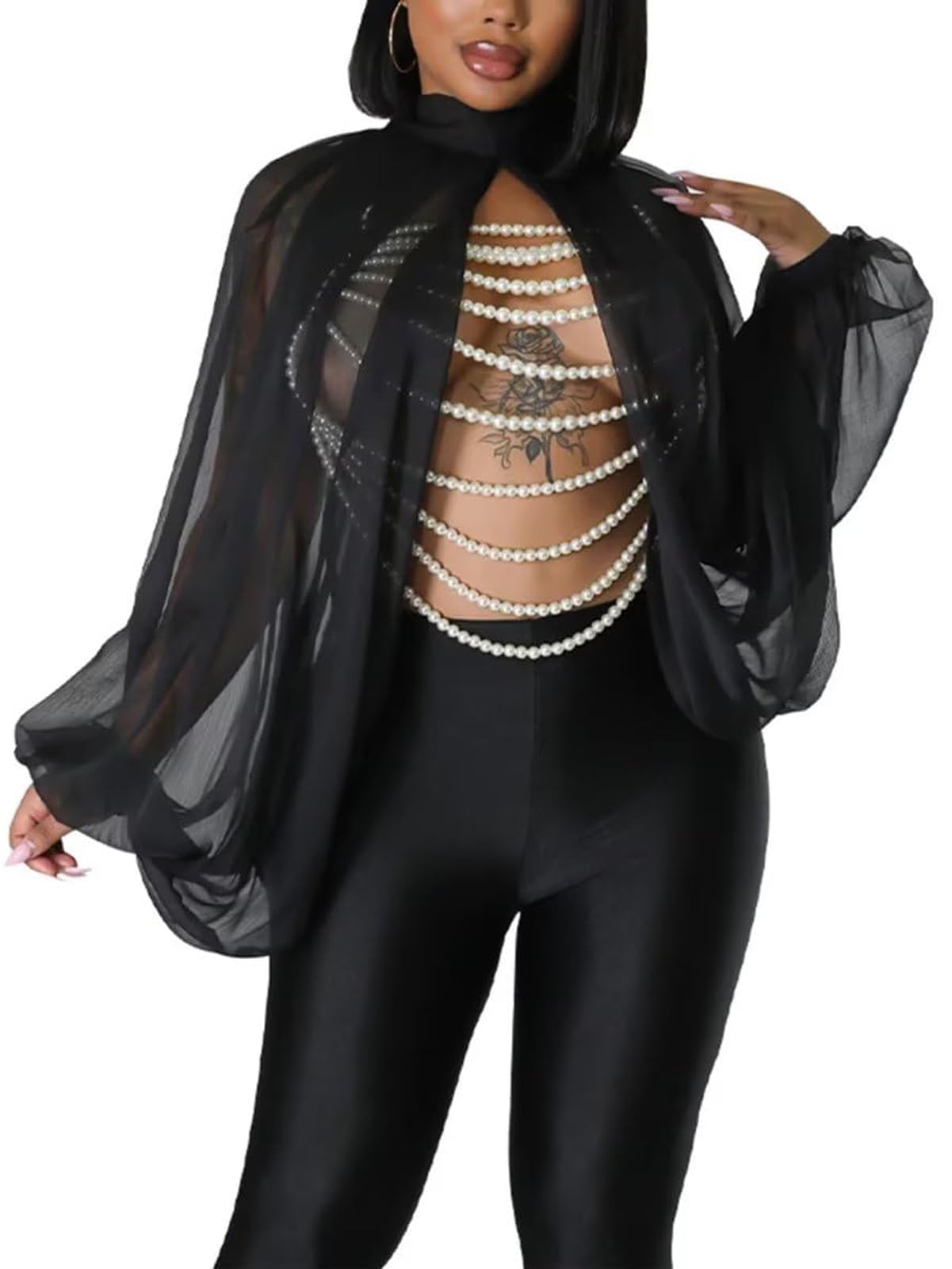 Ophestin Womens Print Sexy Open Back Sheer Chiffon Balloon Sleeve Shirt Blouse Tops Coverup