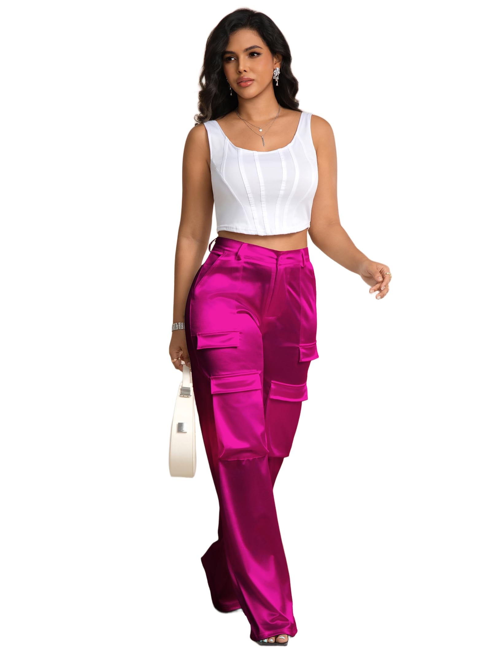 Aressdom Metallic Satin Cargo Pants for Women High Waisted Wide Leg Pants with Pockets, Dressy Going Out Concert Outfits