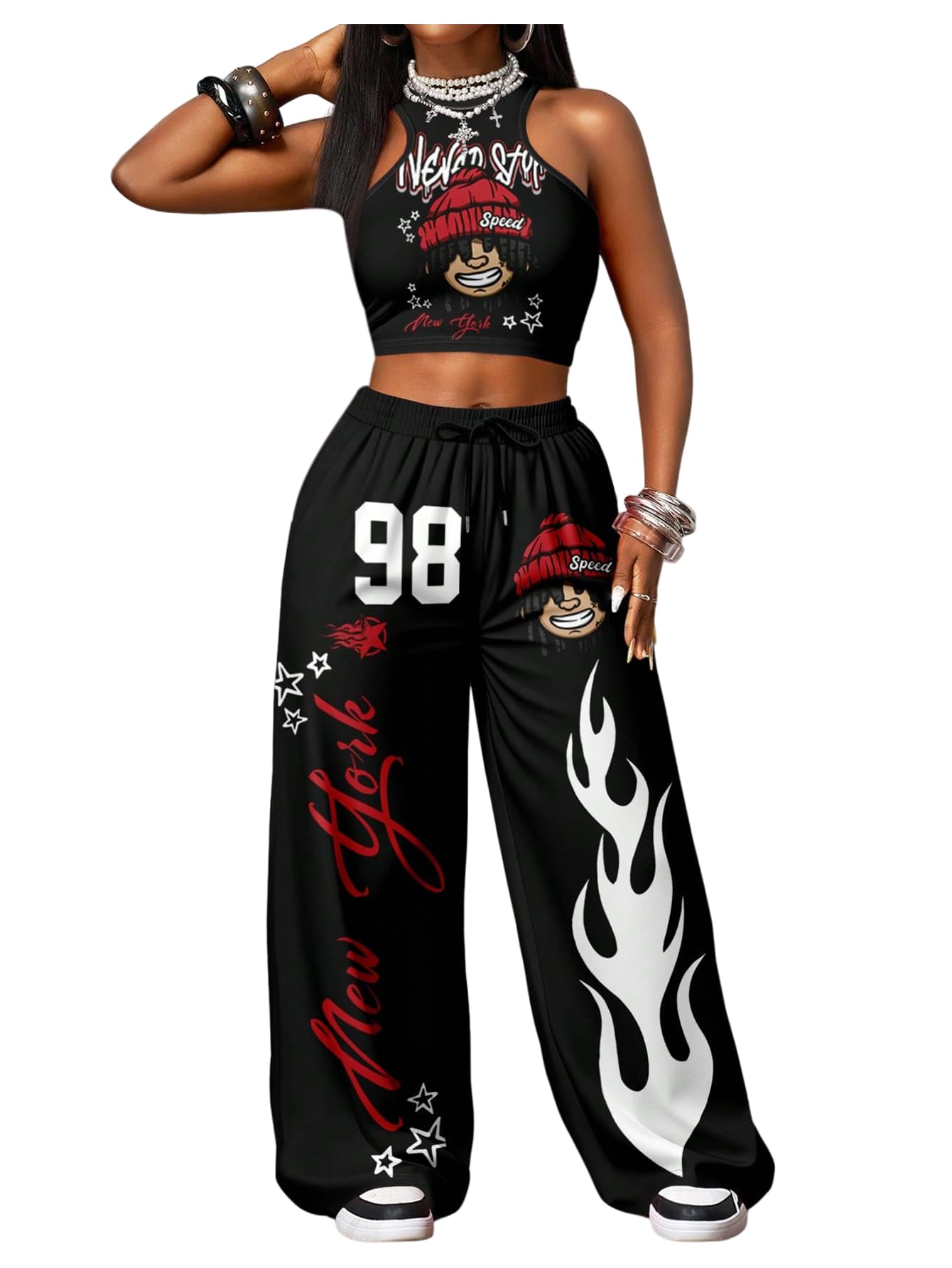 SHENHE Women's Y2k 2 Piece Outfits Graphic Crop Tank Low Rise Wide Leg Baggy Pants Set Hip Hop Streetwear