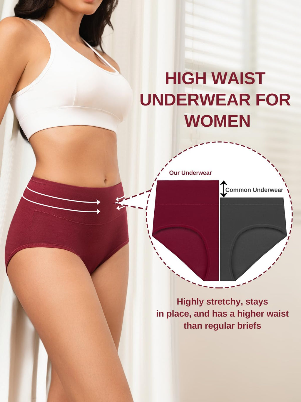 Vevmon Cotton Underwear for Women High Waisted Full Coverage Briefs Soft Ladies Panties 5 Pack