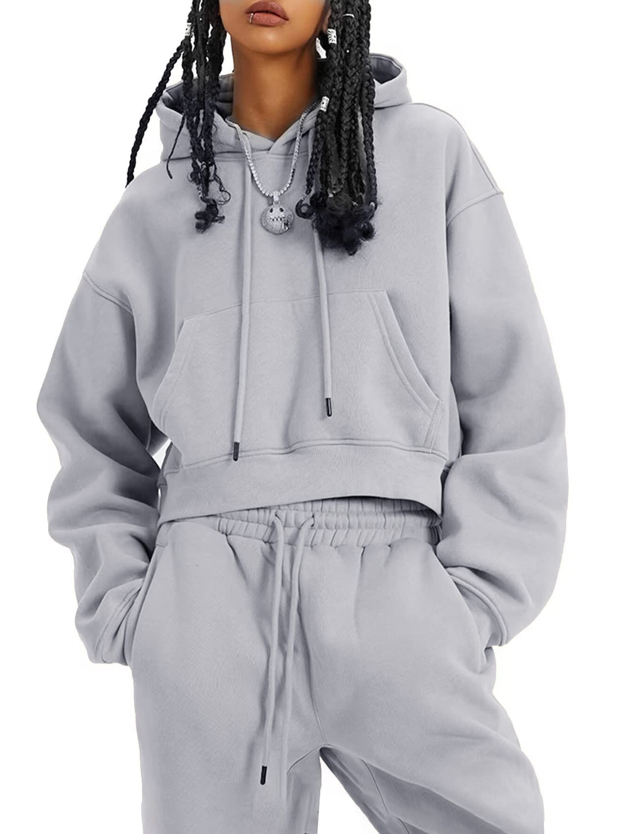 Flygo Womens Fleece 2 Piece Outfits Sweatsuit Crop Pullover Sweatshirt Joggers Pants Tracksuit Set