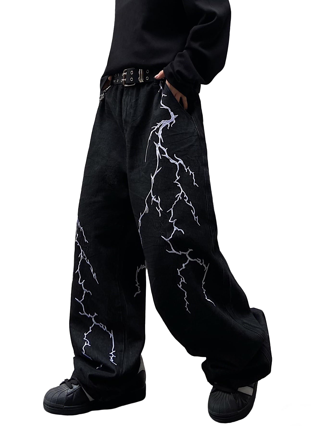 DFGIGT Men's Hip-hop Embroidered Baggy Jeans Loose Fit Denim Black Trousers