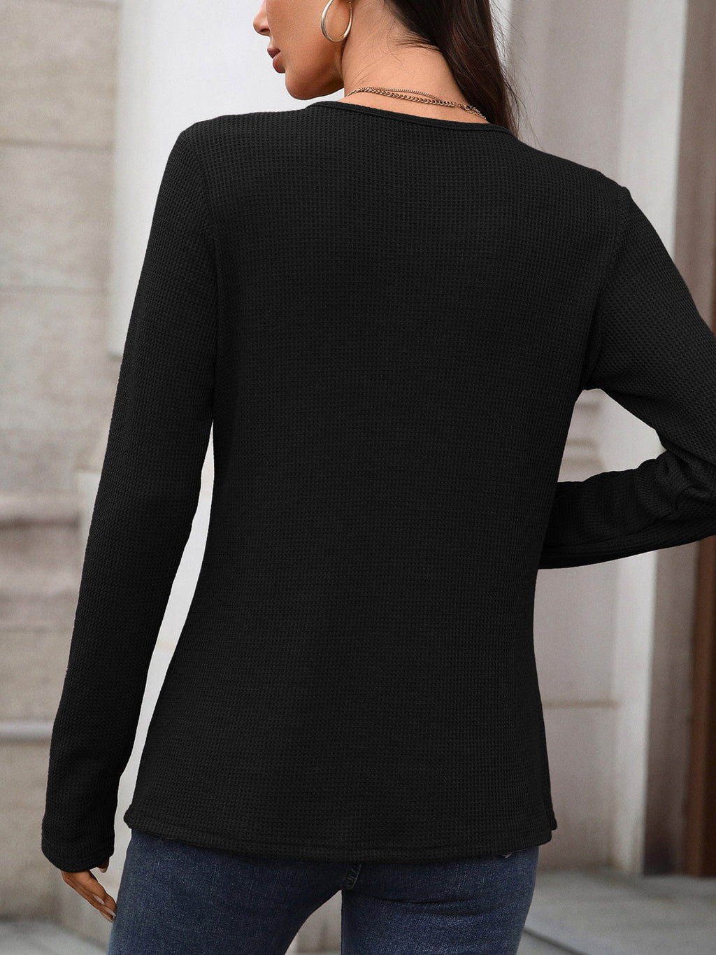 Women's Waffle Knit Buttoned Long Sleeve Henley T-Shirt