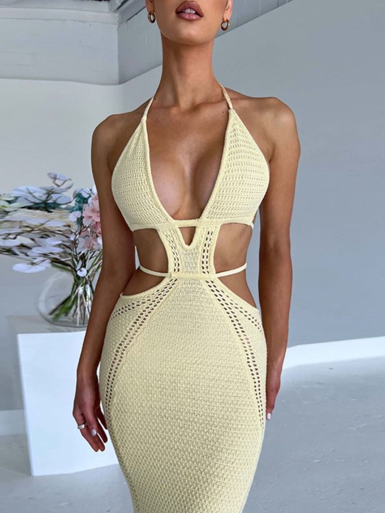 Yellow Halter Neck Cutout Knitted Maxi Dress