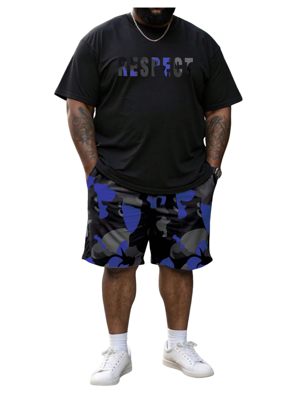 WDIRARA Men's Big and Tall 2 Piece Outfits Letter Camo Print Short Sleeve Tracksuit Track Shorts Set