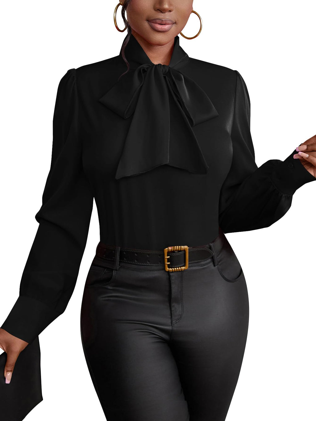 Vrtige Women's Bow Tie Neck Long Sleeve Elegant Blouse Shirt Top