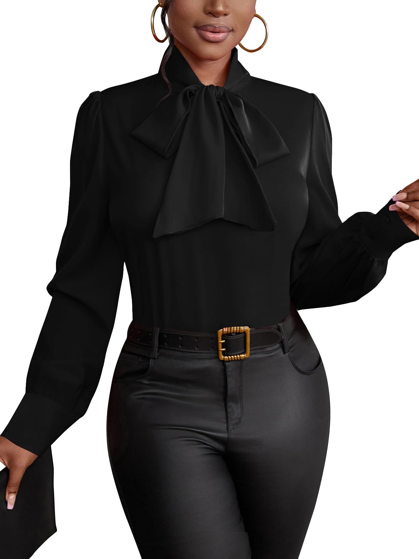 Vrtige Women's Bow Tie Neck Long Sleeve Elegant Blouse Shirt Top