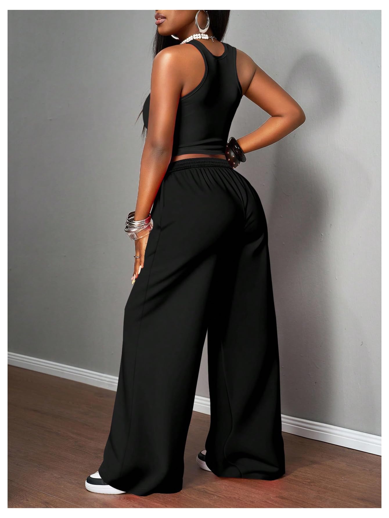 SHENHE Women's Y2k 2 Piece Outfits Graphic Crop Tank Low Rise Wide Leg Baggy Pants Set Hip Hop Streetwear