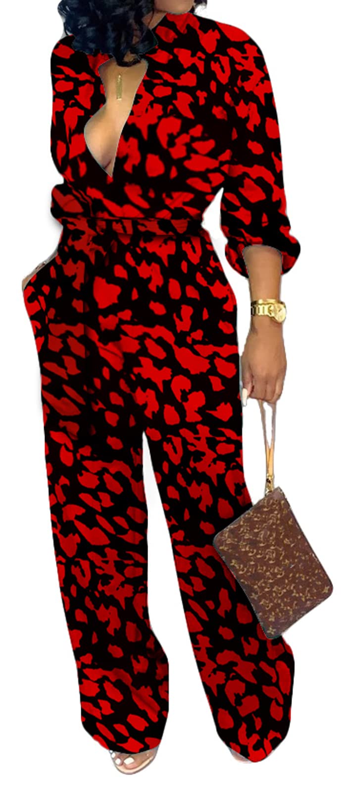 SxClub Jumpsuits for Women Formal Sexy Elegant Long Straight Pants Busineess Party Jumpsuit with Belt Pockets