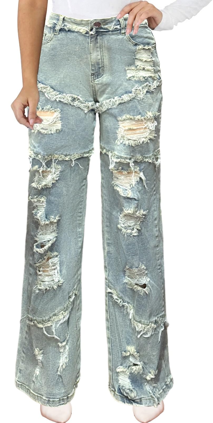 CuteCherry Women Baggy Ripped Jeans Destroyed Wide Leg Retro Denim Pants