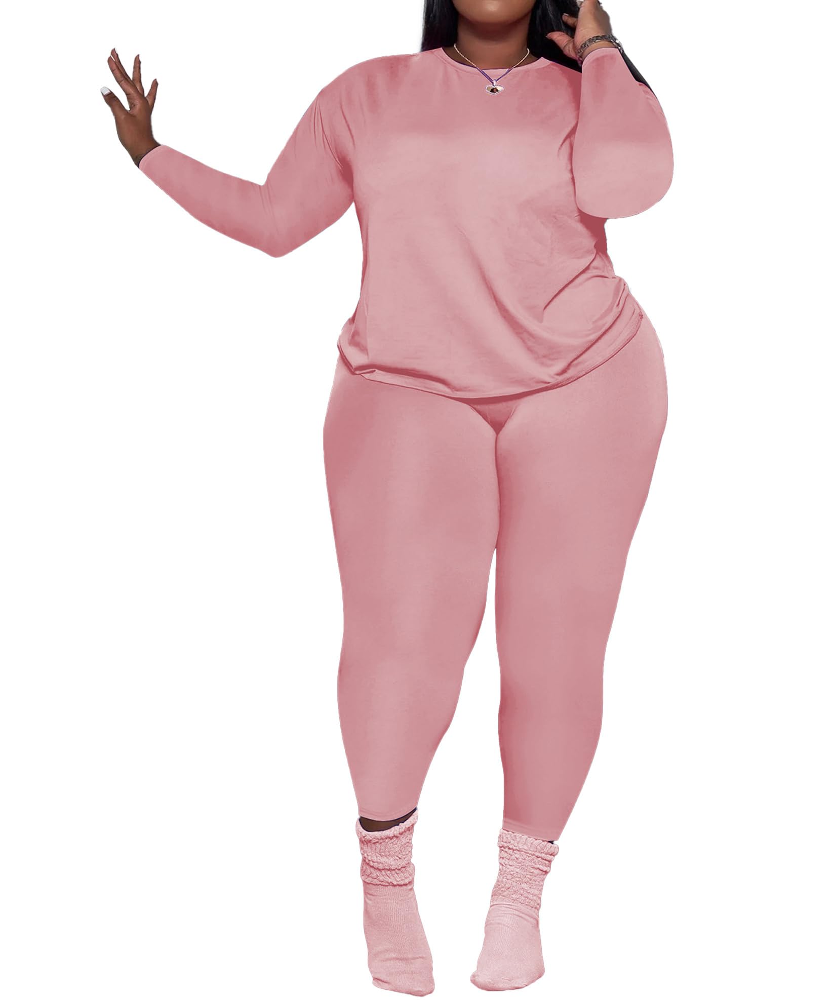 PINSV Women's Plus Size 2 Piece Outfits Tracksuits Long Sleeve Top Pants Sets Sweatsuit