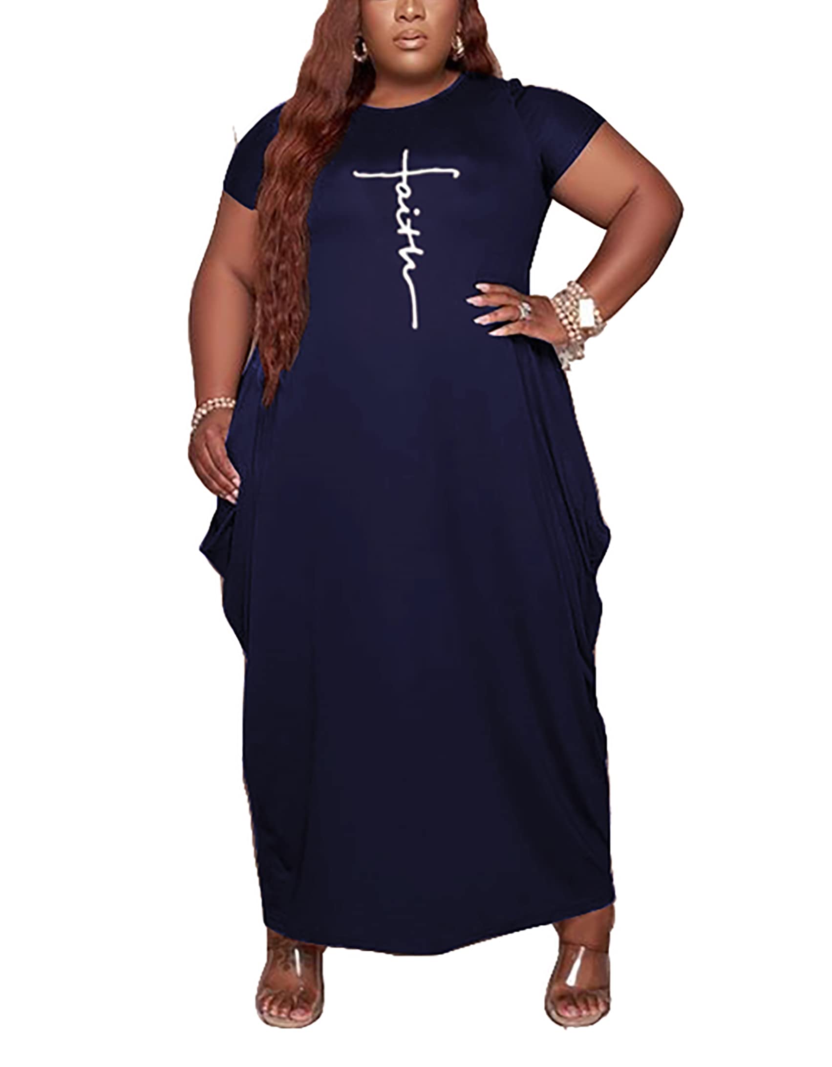 AIIYYQB Women's Summer Plus Size Short Sleeved Long Dress Casual Loose Faith Beach Maxi Dress with Pockets