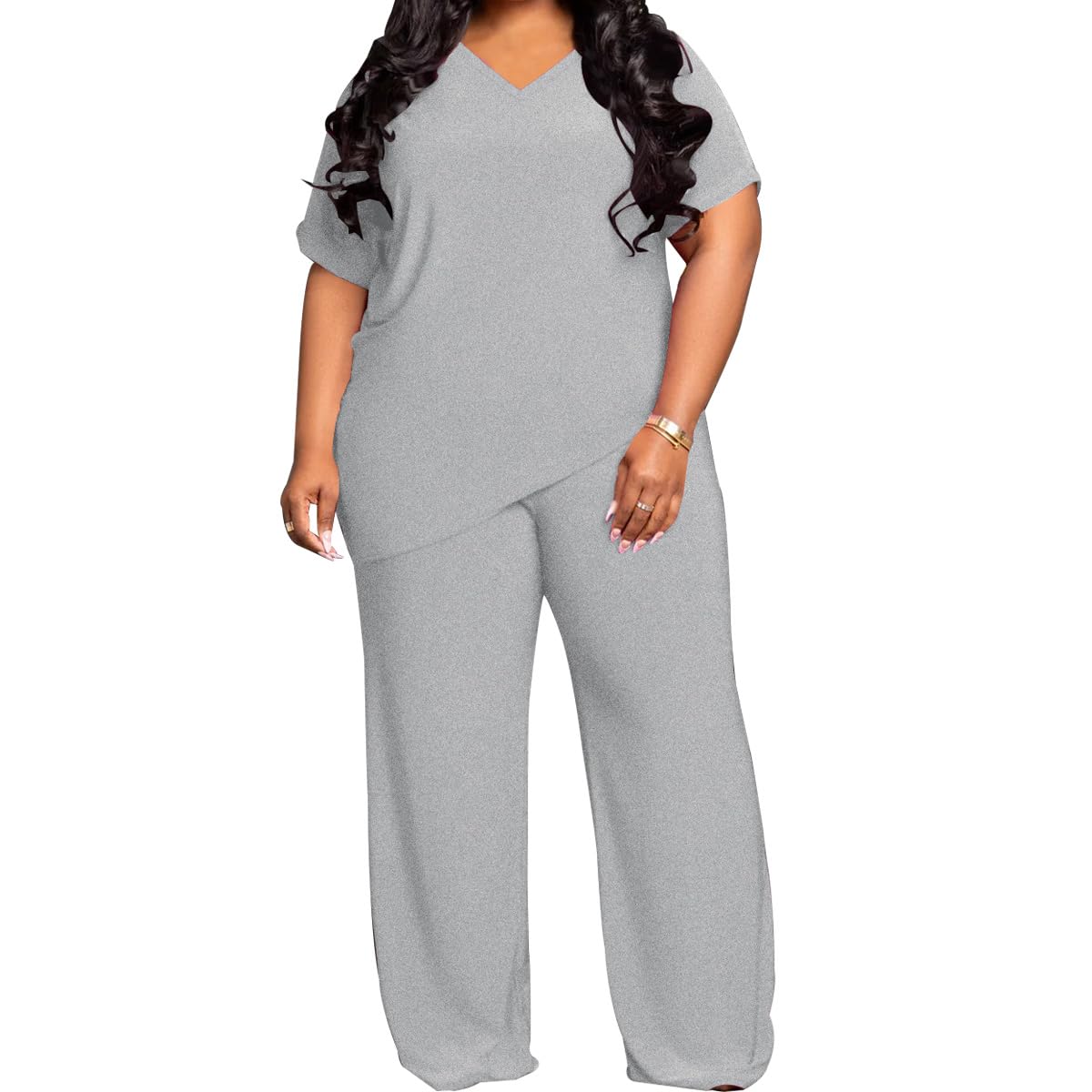 TOPSRANI Womens Plus Size Two Piece Outfits Sweatsuits Casual Tracksuit Short Sleeve Loose Baggy Wide Leg Long Pants Sets