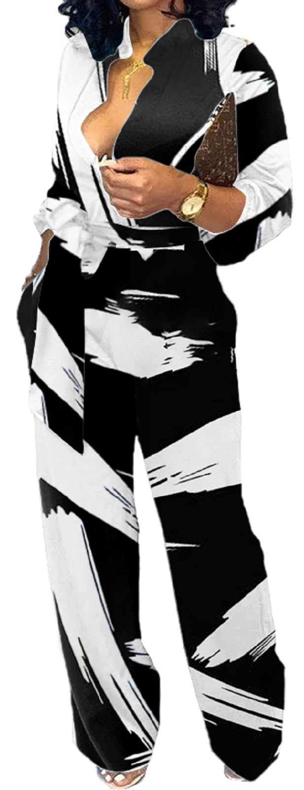 SeNight Women's Jumpsuits Elegant Business Casual Button Down V Neck Long Sleeve Strap Straight Long Pants With Pockets