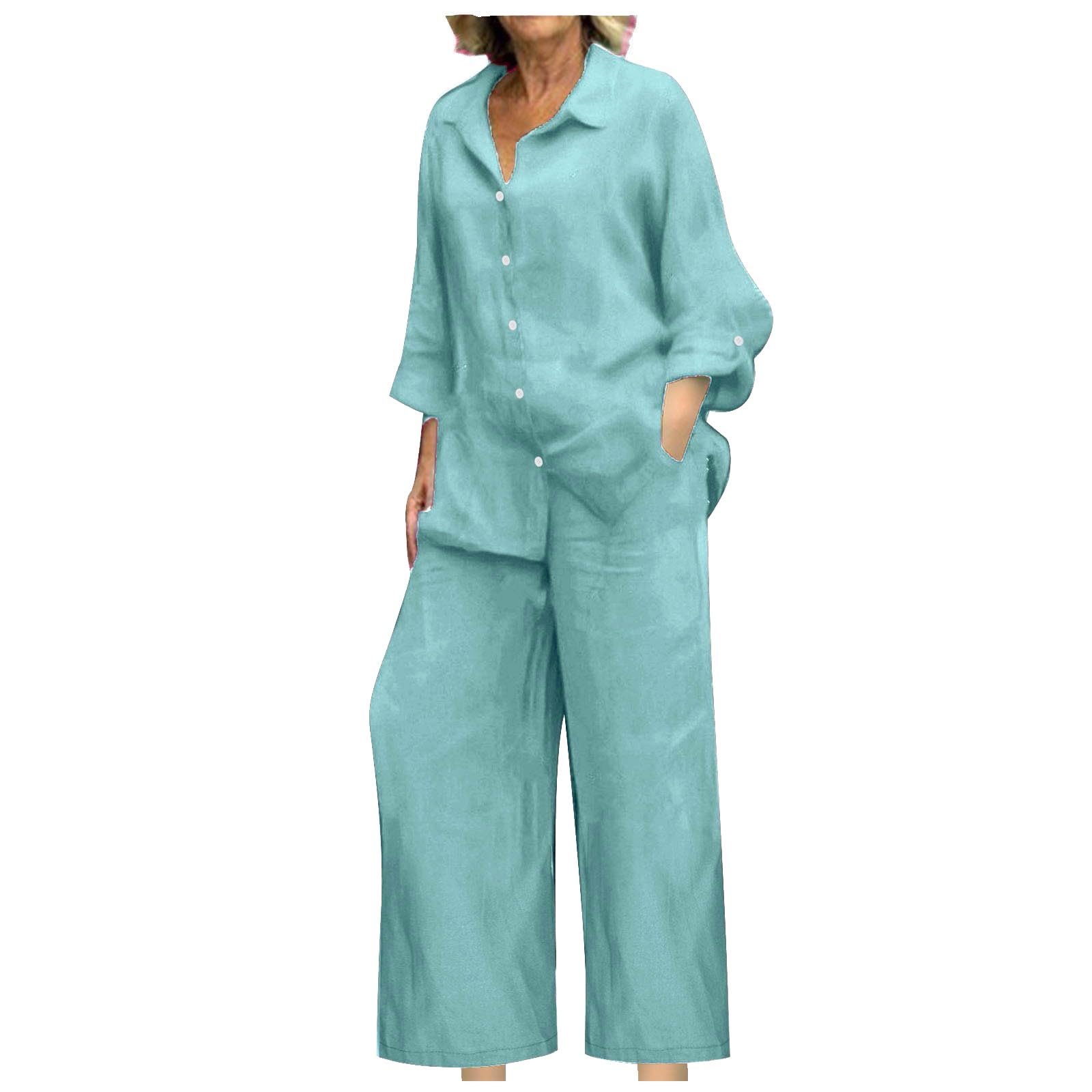 BAOQIN Linen Sets for Women 2 Piece - Womens Long Sleeve Button Down Shirts Summer Wide Leg Breathable Cotton Linen Pants Set