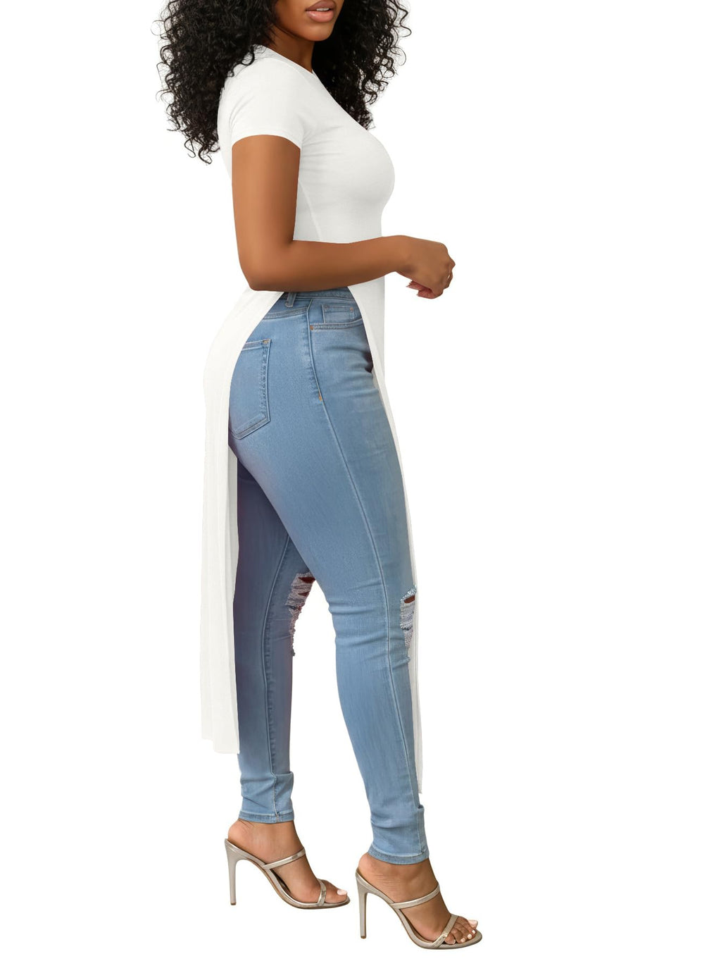 OPOIPIN Women's Crew Neck Split Slit Hem Short Sleeve Slim Fit Tee Top Long Shirt Tunic