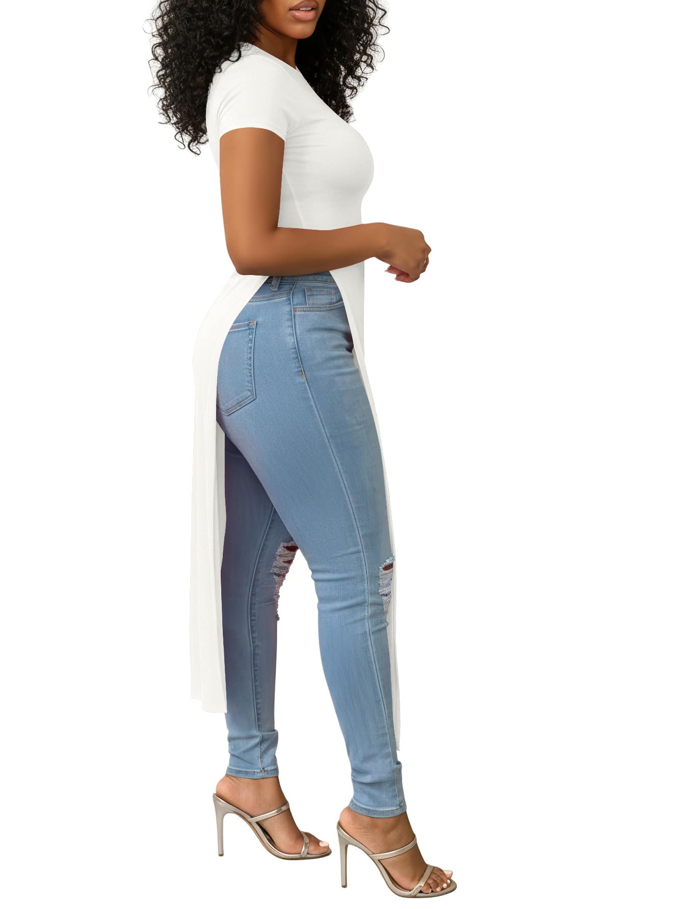 OPOIPIN Women's Crew Neck Split Slit Hem Short Sleeve Slim Fit Tee Top Long Shirt Tunic
