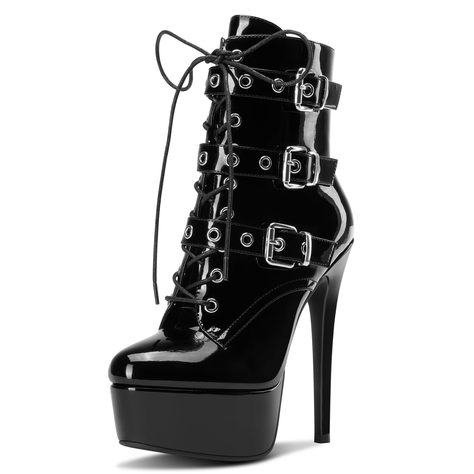 Aachcol Womens Stiletto Boots Platform Lace-up Ankle Boots Short Bootie High Heel Zipper Buckle Prom Party Dress Dance Shoes 6 Inches Heels